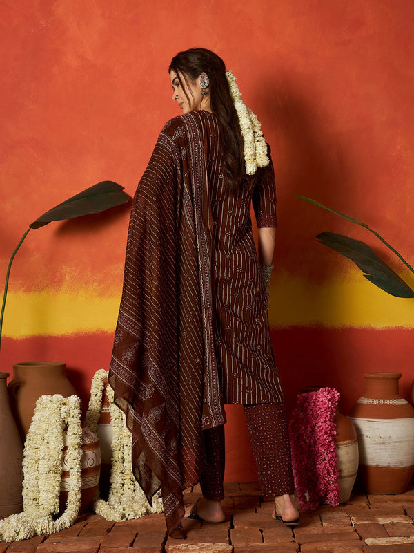 Stylum Women's Maroon Striped & Floral Printed Cotton Straight Kurta Pant Dupatta Set (KPDMAROONRUMALI)