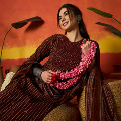 Stylum Women's Maroon Striped & Floral Printed Cotton Straight Kurta Pant Dupatta Set (KPDMAROONRUMALI)