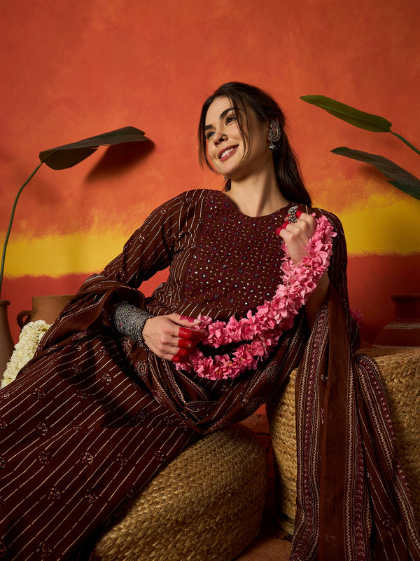 Stylum Women's Maroon Striped & Floral Printed Cotton Straight Kurta Pant Dupatta Set (KPDMAROONRUMALI)