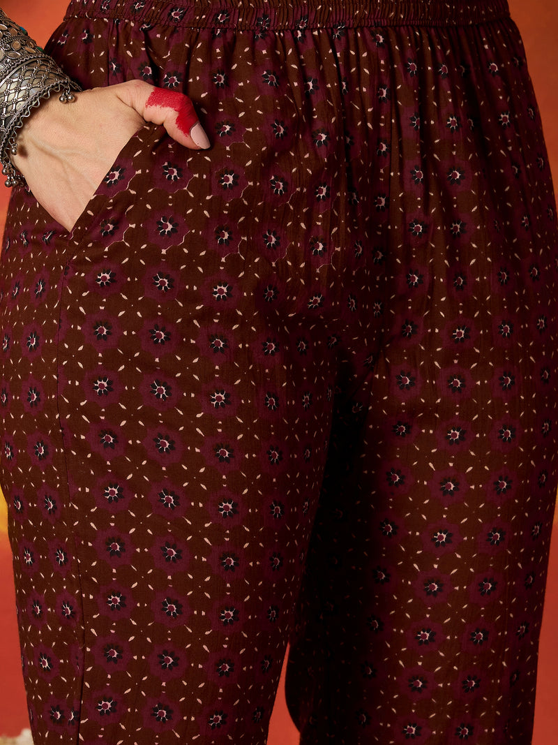Stylum Women's Maroon Striped & Floral Printed Cotton Straight Kurta Pant Dupatta Set (KPDMAROONRUMALI)