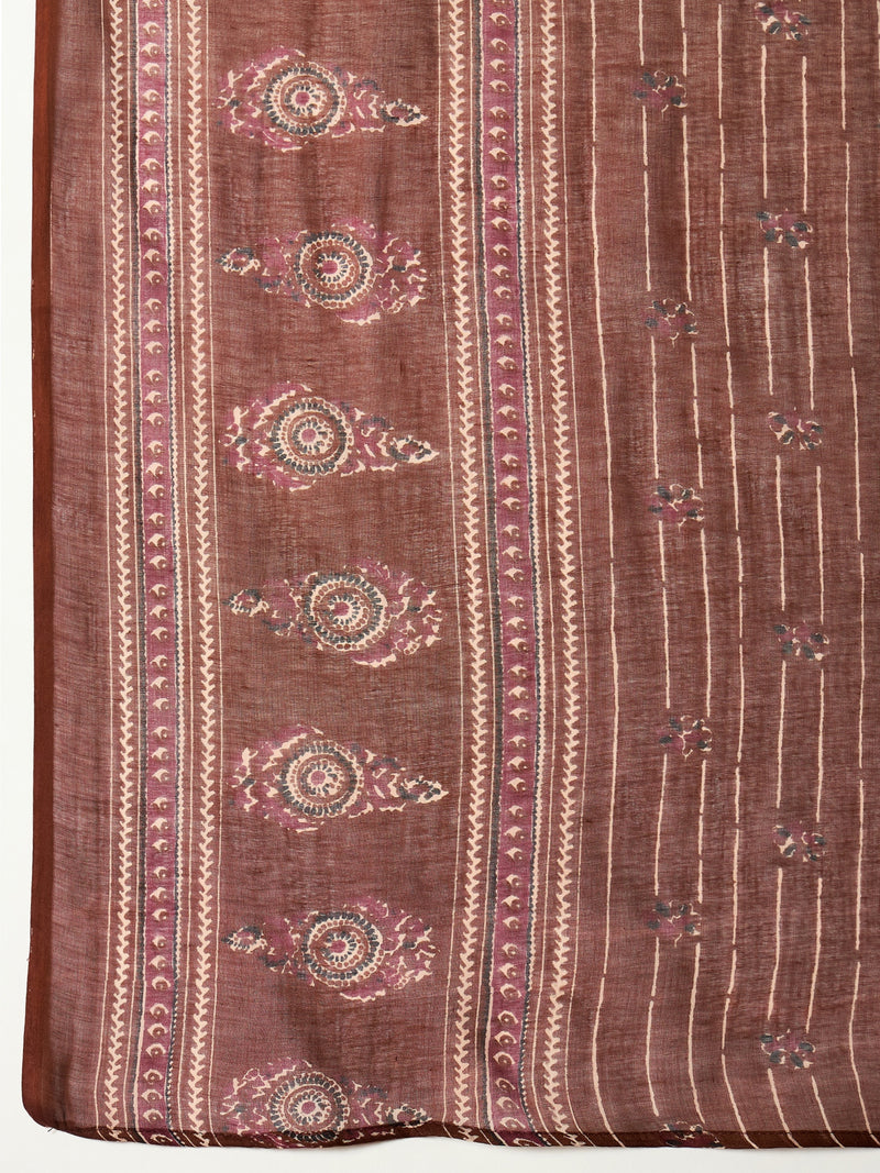 Stylum Women's Maroon Striped & Floral Printed Cotton Straight Kurta Pant Dupatta Set (KPDMAROONRUMALI)