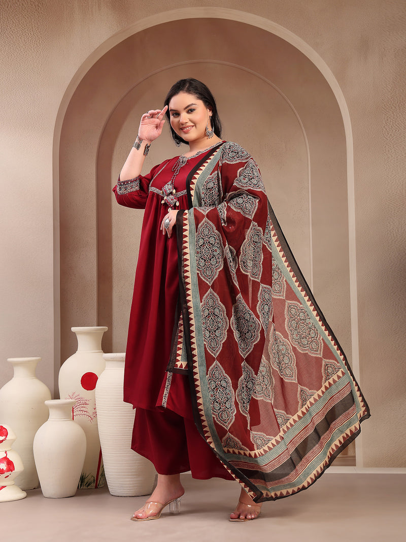 Stylum Women's Plus Size Maroon Solid Cotton Kurta Pant Dupatta Set (KPDMAROONSIFARPLUS)