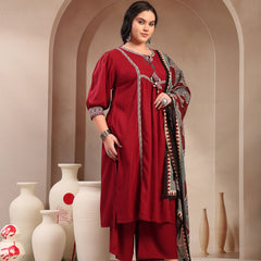 Stylum Women's Plus Size Maroon Solid Cotton Kurta Pant Dupatta Set (KPDMAROONSIFARPLUS)