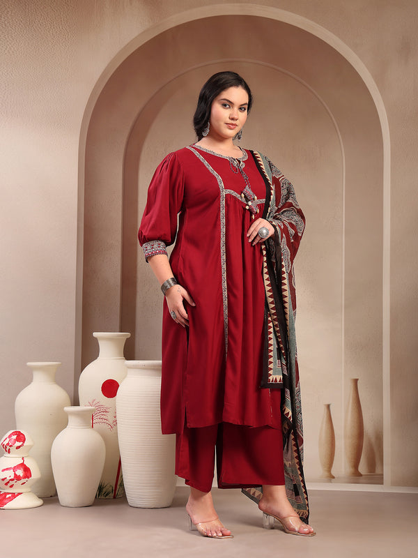 Stylum Women's Plus Size Maroon Solid Cotton Kurta Pant Dupatta Set (KPDMAROONSIFARPLUS)