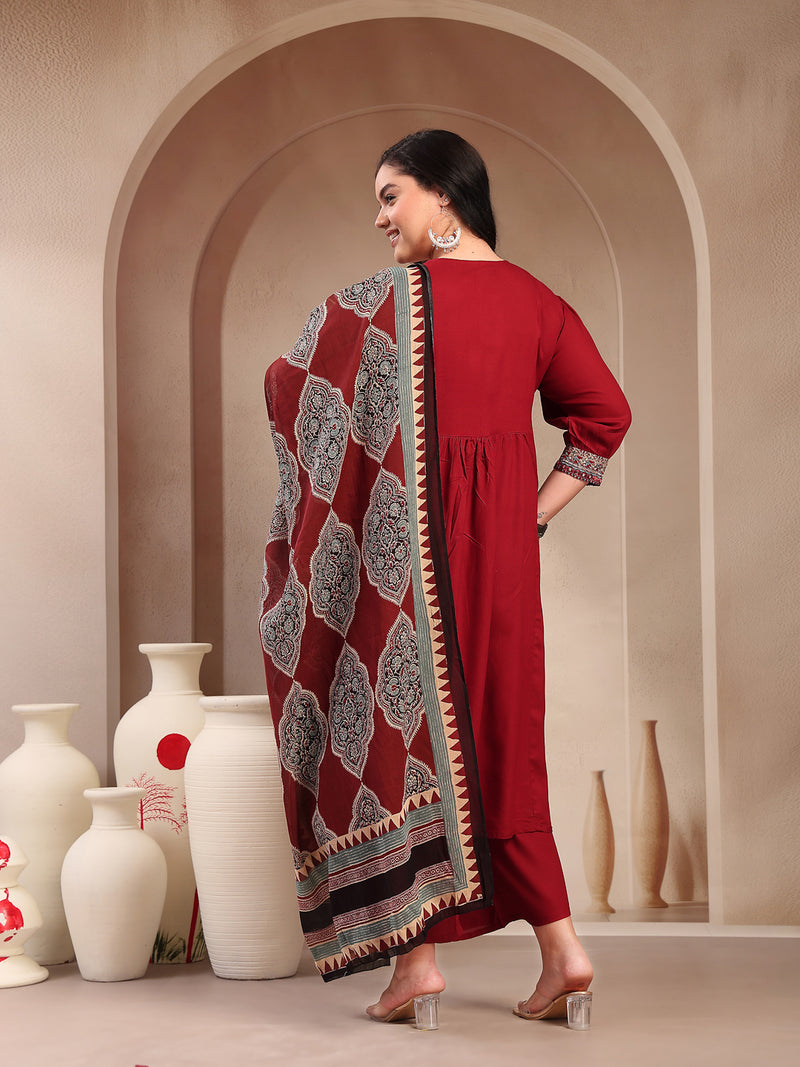 Stylum Women's Plus Size Maroon Solid Cotton Kurta Pant Dupatta Set (KPDMAROONSIFARPLUS)
