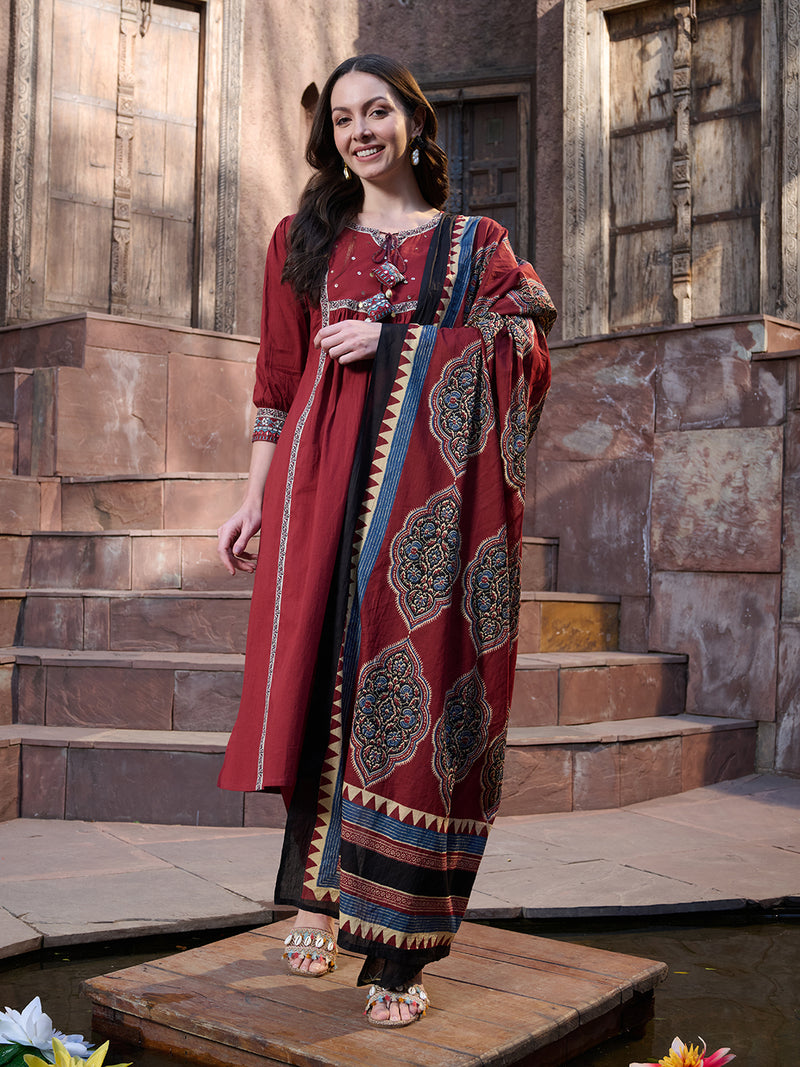 Stylum Women's Maroon Solid Cotton Kurta Pant Dupatta Set (KPDMAROONSIFAR)