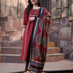 Stylum Women's Maroon Solid Cotton Kurta Pant Dupatta Set (KPDMAROONSIFAR)