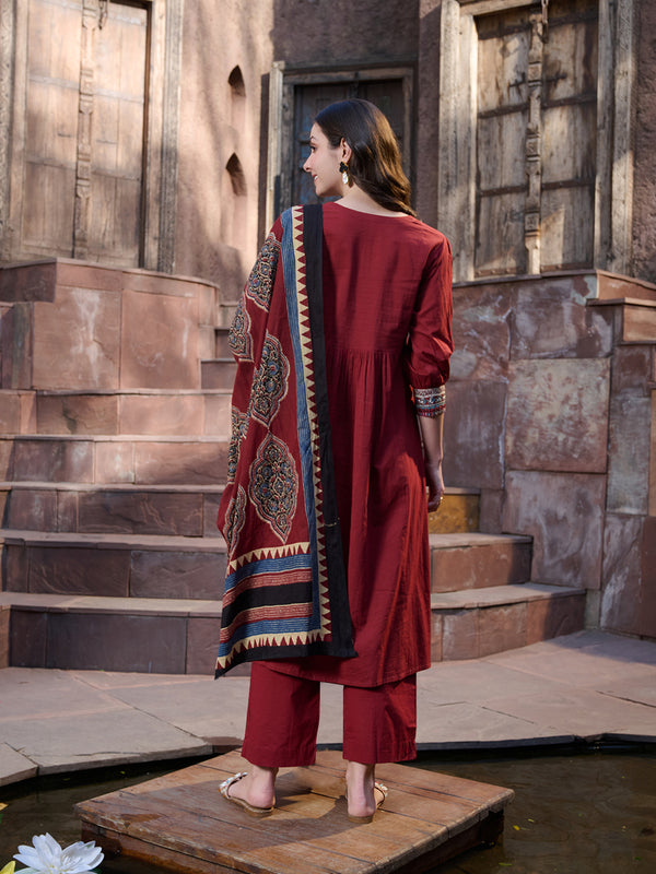 Stylum Women's Maroon Solid Cotton Kurta Pant Dupatta Set (KPDMAROONSIFAR)