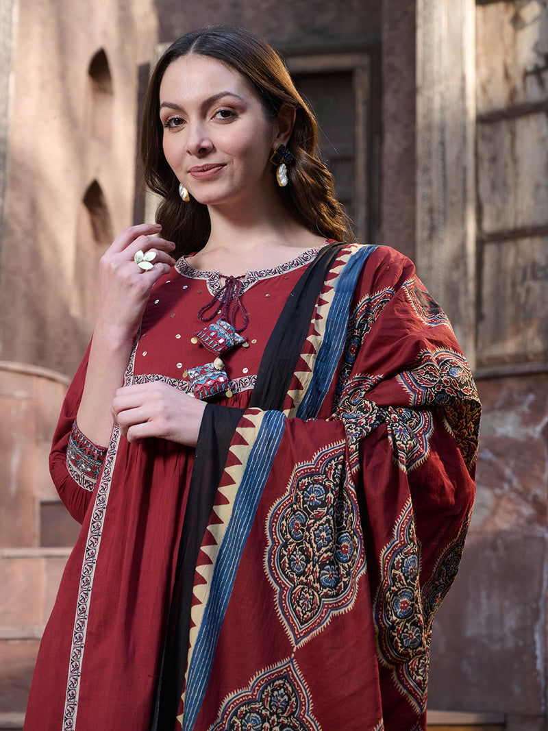 Stylum Women's Maroon Solid Cotton Kurta Pant Dupatta Set (KPDMAROONSIFAR)