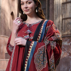 Stylum Women's Maroon Solid Cotton Kurta Pant Dupatta Set (KPDMAROONSIFAR)