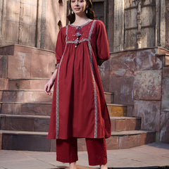 Stylum Women's Maroon Solid Cotton Kurta Pant Dupatta Set (KPDMAROONSIFAR)