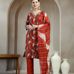 Stylum Women's Maroon Floral Printed Roman Silk Straight Kurta Pant Dupatta Set (KPDMAROONSIYAL)