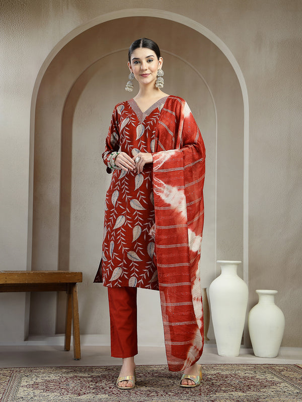 Stylum Women's Maroon Floral Printed Roman Silk Straight Kurta Pant Dupatta Set (KPDMAROONSIYAL)