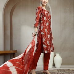 Stylum Women's Maroon Floral Printed Roman Silk Straight Kurta Pant Dupatta Set (KPDMAROONSIYAL)