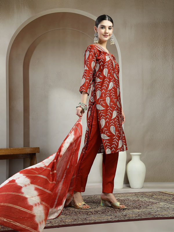 Stylum Women's Maroon Floral Printed Roman Silk Straight Kurta Pant Dupatta Set (KPDMAROONSIYAL)