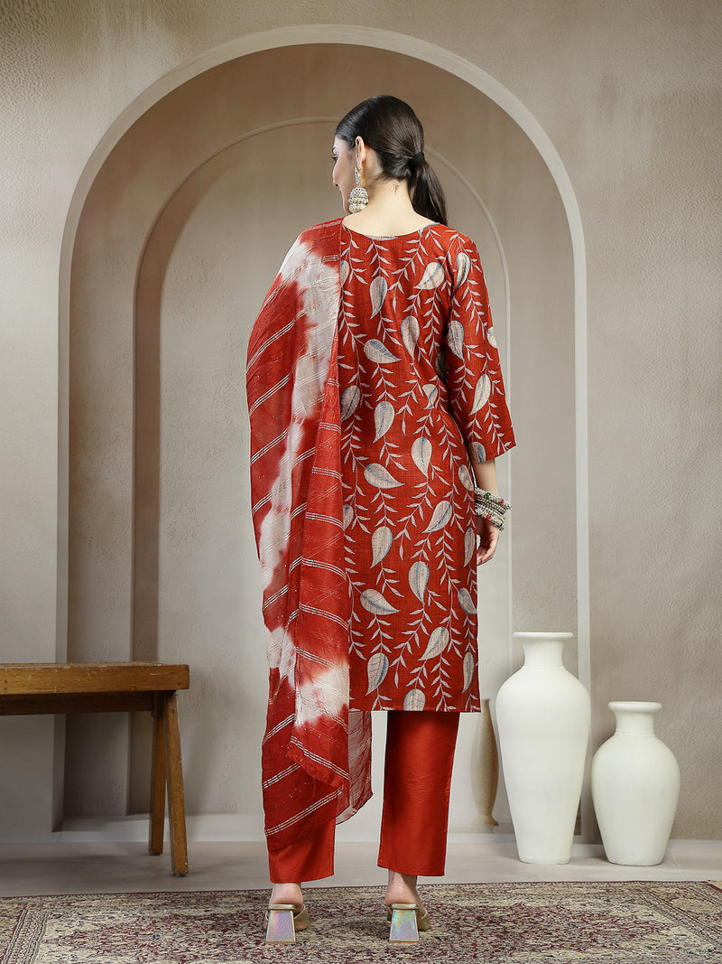 Stylum Women's Maroon Floral Printed Roman Silk Straight Kurta Pant Dupatta Set (KPDMAROONSIYAL)