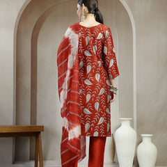 Stylum Women's Maroon Floral Printed Roman Silk Straight Kurta Pant Dupatta Set (KPDMAROONSIYAL)