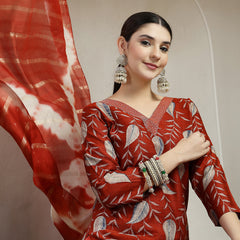 Stylum Women's Maroon Floral Printed Roman Silk Straight Kurta Pant Dupatta Set (KPDMAROONSIYAL)