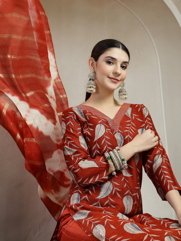 Stylum Women's Maroon Floral Printed Roman Silk Straight Kurta Pant Dupatta Set (KPDMAROONSIYAL)