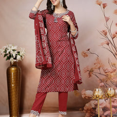 Stylum Women's Maroon Bandhani Printed & Embroidered Cotton Straight Kurta Pant Dupatta Set (KPDMAROONTIRA)