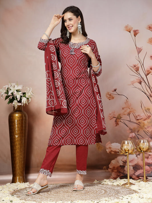 Stylum Women's Maroon Bandhani Printed & Embroidered Cotton Straight Kurta Pant Dupatta Set (KPDMAROONTIRA)