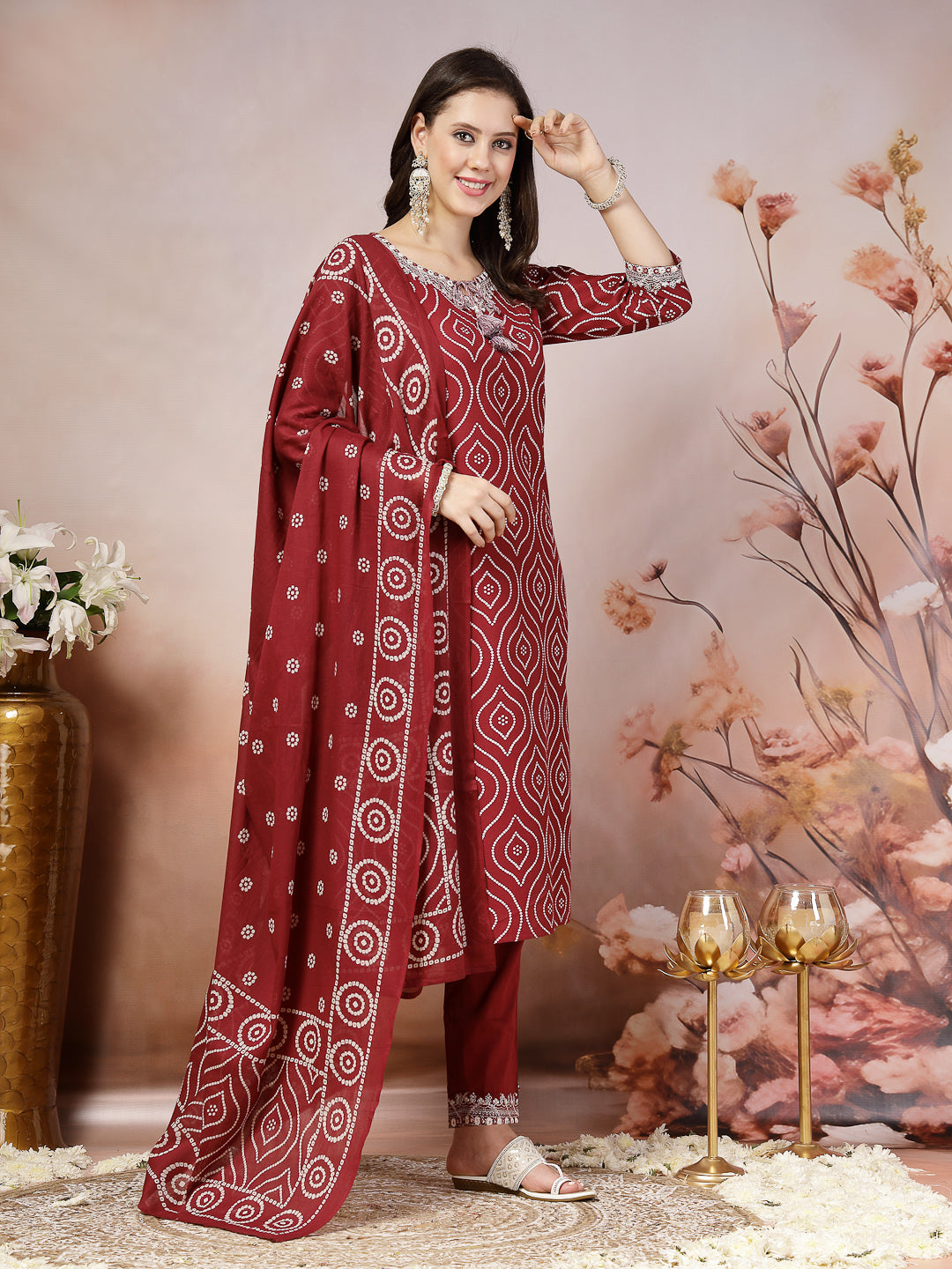 Stylum Women's Maroon Bandhani Printed & Embroidered Cotton Straight Kurta Pant Dupatta Set (KPDMAROONTIRA)