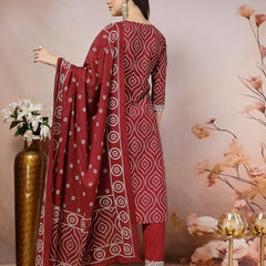 Stylum Women's Maroon Bandhani Printed & Embroidered Cotton Straight Kurta Pant Dupatta Set (KPDMAROONTIRA)