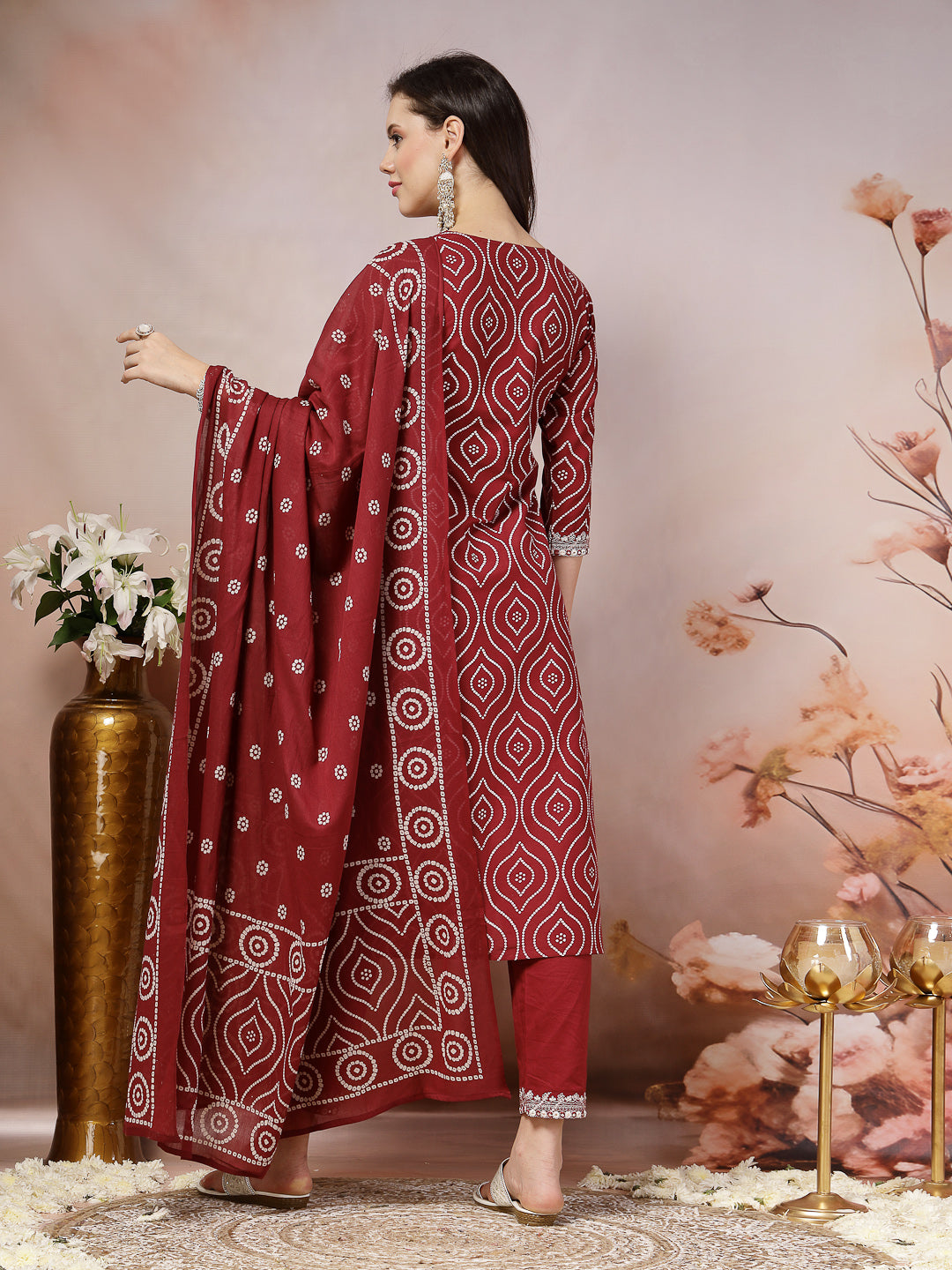 Stylum Women's Maroon Bandhani Printed & Embroidered Cotton Straight Kurta Pant Dupatta Set (KPDMAROONTIRA)