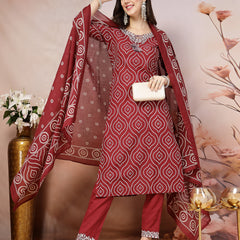 Stylum Women's Maroon Bandhani Printed & Embroidered Cotton Straight Kurta Pant Dupatta Set (KPDMAROONTIRA)
