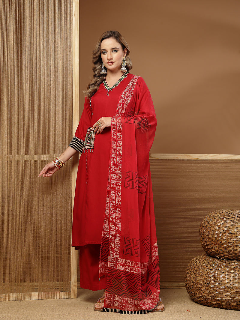 Stylum Women's Maroon Solid Rayon Straight Kurta Palazzo Dupatta Set (KPDMAROONTULIP)