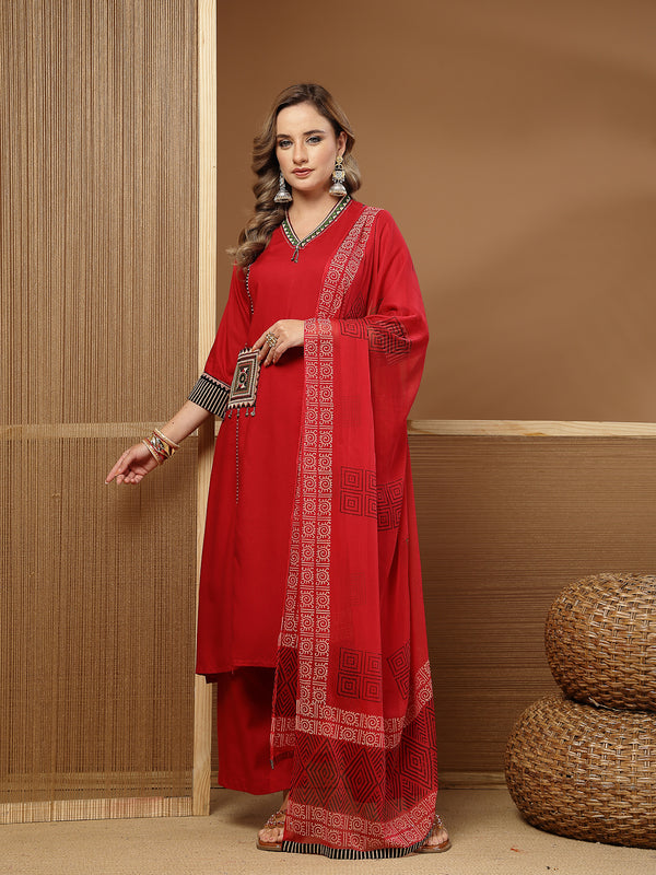 Stylum Women's Maroon Solid Rayon Straight Kurta Palazzo Dupatta Set (KPDMAROONTULIP)