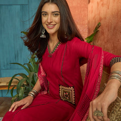 Stylum Women's Maroon Solid Rayon Straight Kurta Palazzo Dupatta Set (KPDMAROONTULIP)