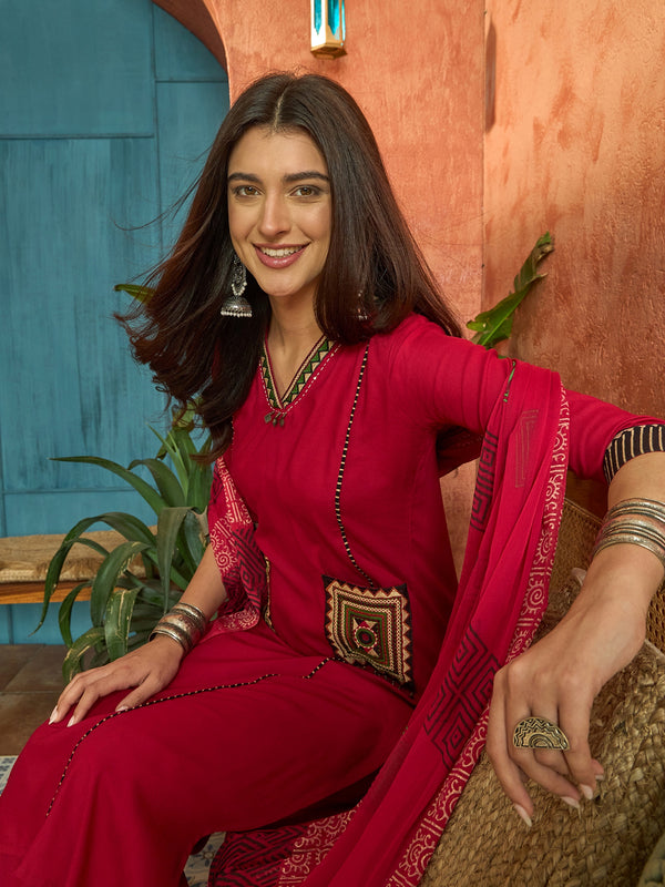 Stylum Women's Maroon Solid Rayon Straight Kurta Palazzo Dupatta Set (KPDMAROONTULIP)
