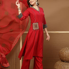 Stylum Women's Maroon Solid Rayon Straight Kurta Palazzo Dupatta Set (KPDMAROONTULIP)