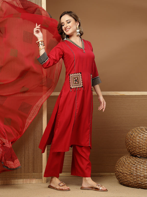 Stylum Women's Maroon Solid Rayon Straight Kurta Palazzo Dupatta Set (KPDMAROONTULIP)