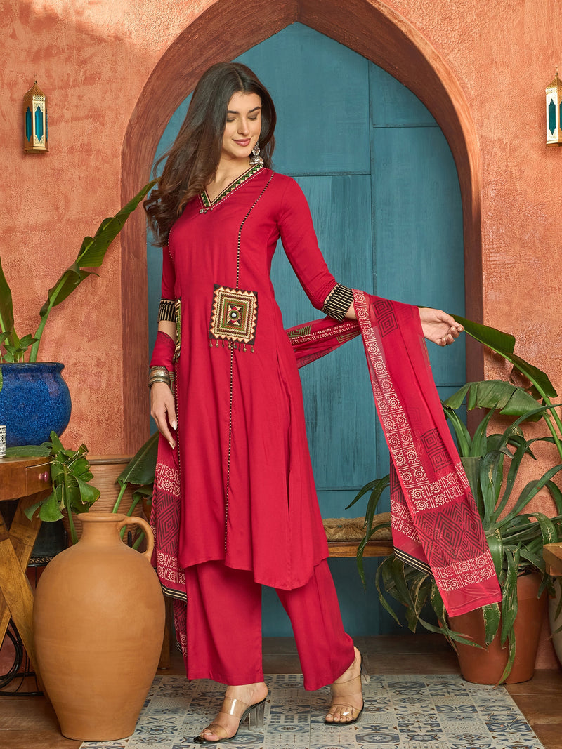 Stylum Women's Maroon Solid Rayon Straight Kurta Palazzo Dupatta Set (KPDMAROONTULIP)