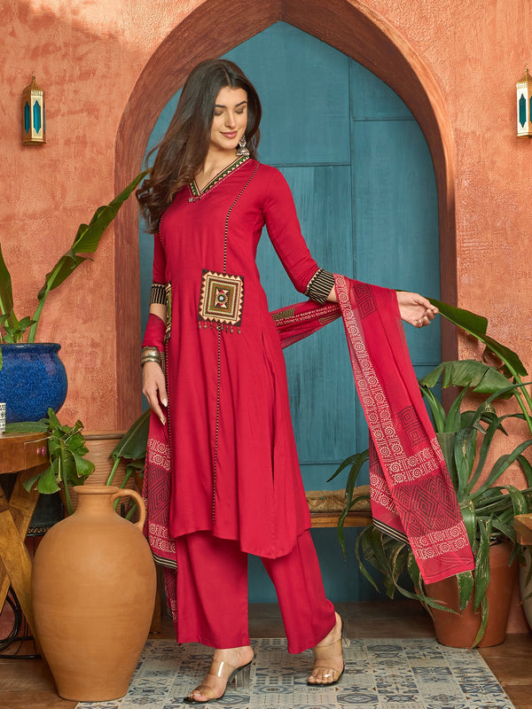 Stylum Women's Maroon Solid Rayon Straight Kurta Palazzo Dupatta Set (KPDMAROONTULIP)