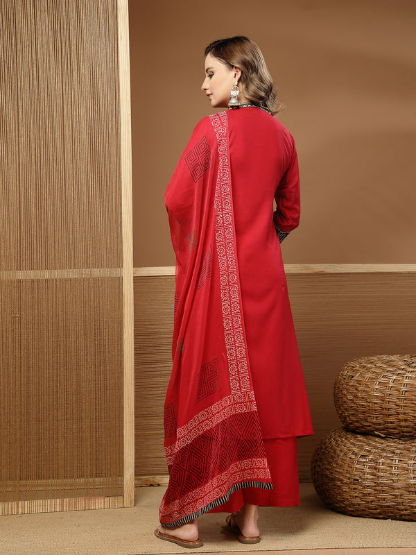 Stylum Women's Maroon Solid Rayon Straight Kurta Palazzo Dupatta Set (KPDMAROONTULIP)