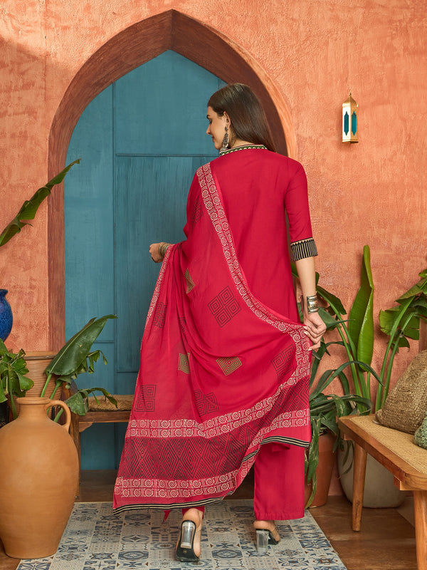 Stylum Women's Maroon Solid Rayon Straight Kurta Palazzo Dupatta Set (KPDMAROONTULIP)