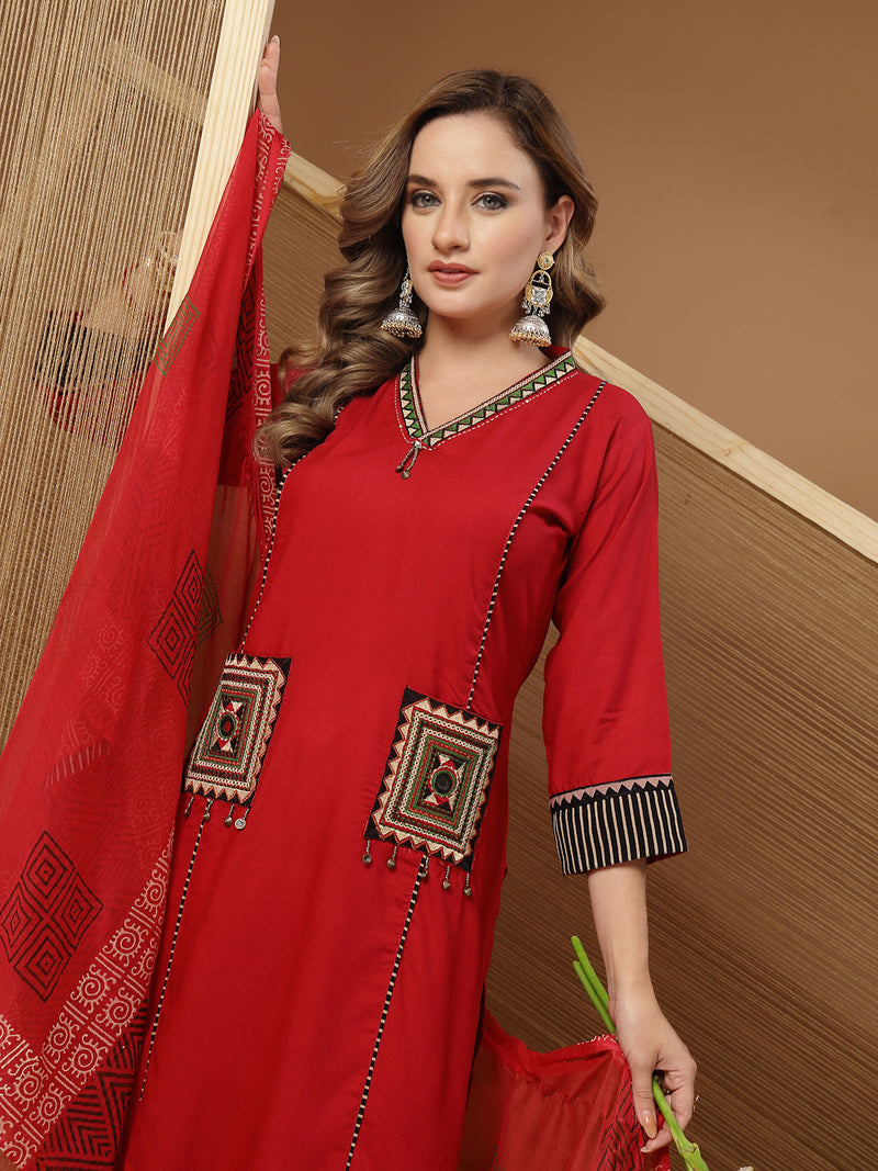 Stylum Women's Maroon Solid Rayon Straight Kurta Palazzo Dupatta Set (KPDMAROONTULIP)