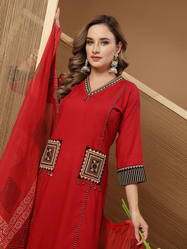 Stylum Women's Maroon Solid Rayon Straight Kurta Palazzo Dupatta Set (KPDMAROONTULIP)