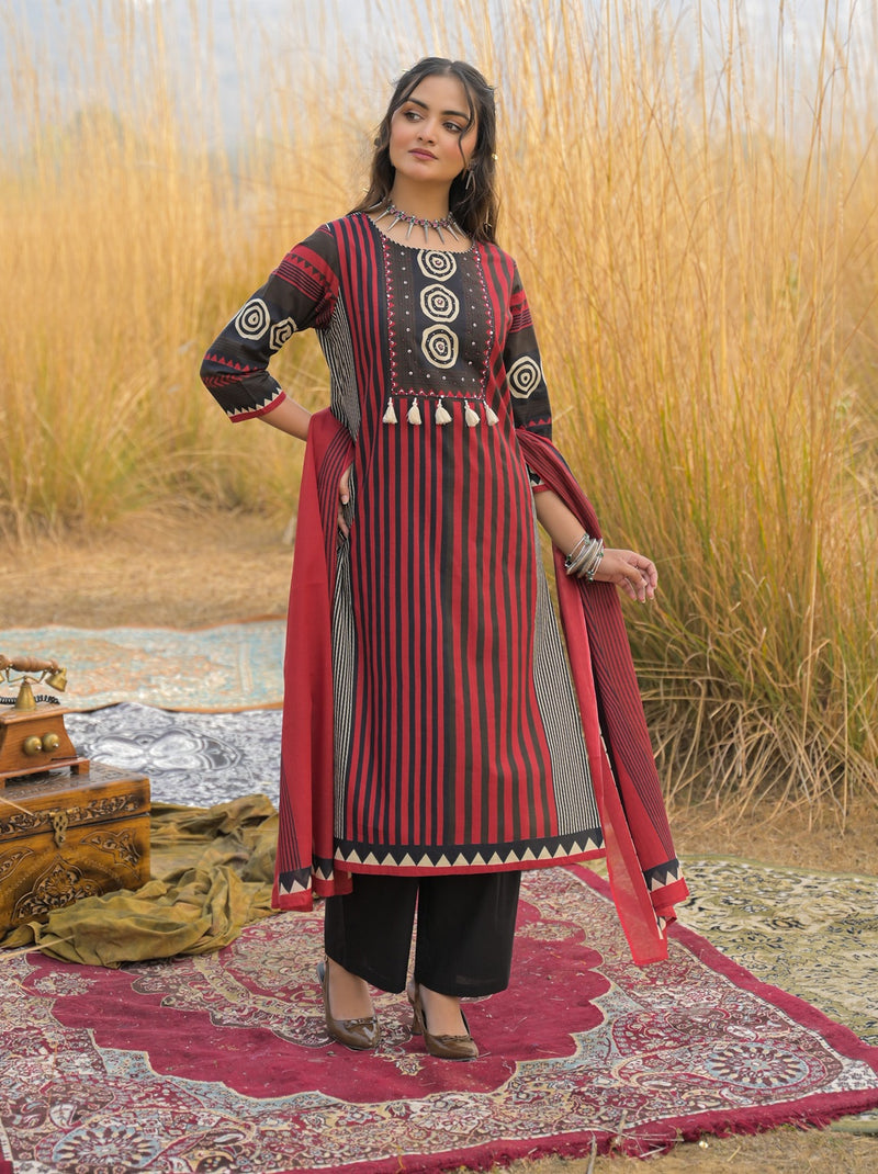 Stylum Women's Maroon Striped Printed Cotton Straight Kurta Pant Dupatta Set (KPDMAROONULTRA)