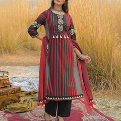Stylum Women's Maroon Striped Printed Cotton Straight Kurta Pant Dupatta Set (KPDMAROONULTRA)