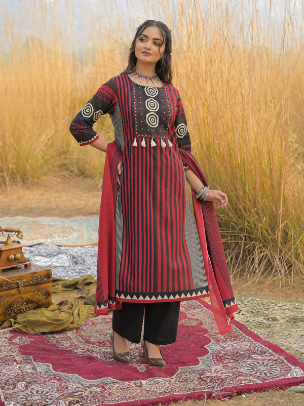 Stylum Women's Maroon Striped Printed Cotton Straight Kurta Pant Dupatta Set (KPDMAROONULTRA)