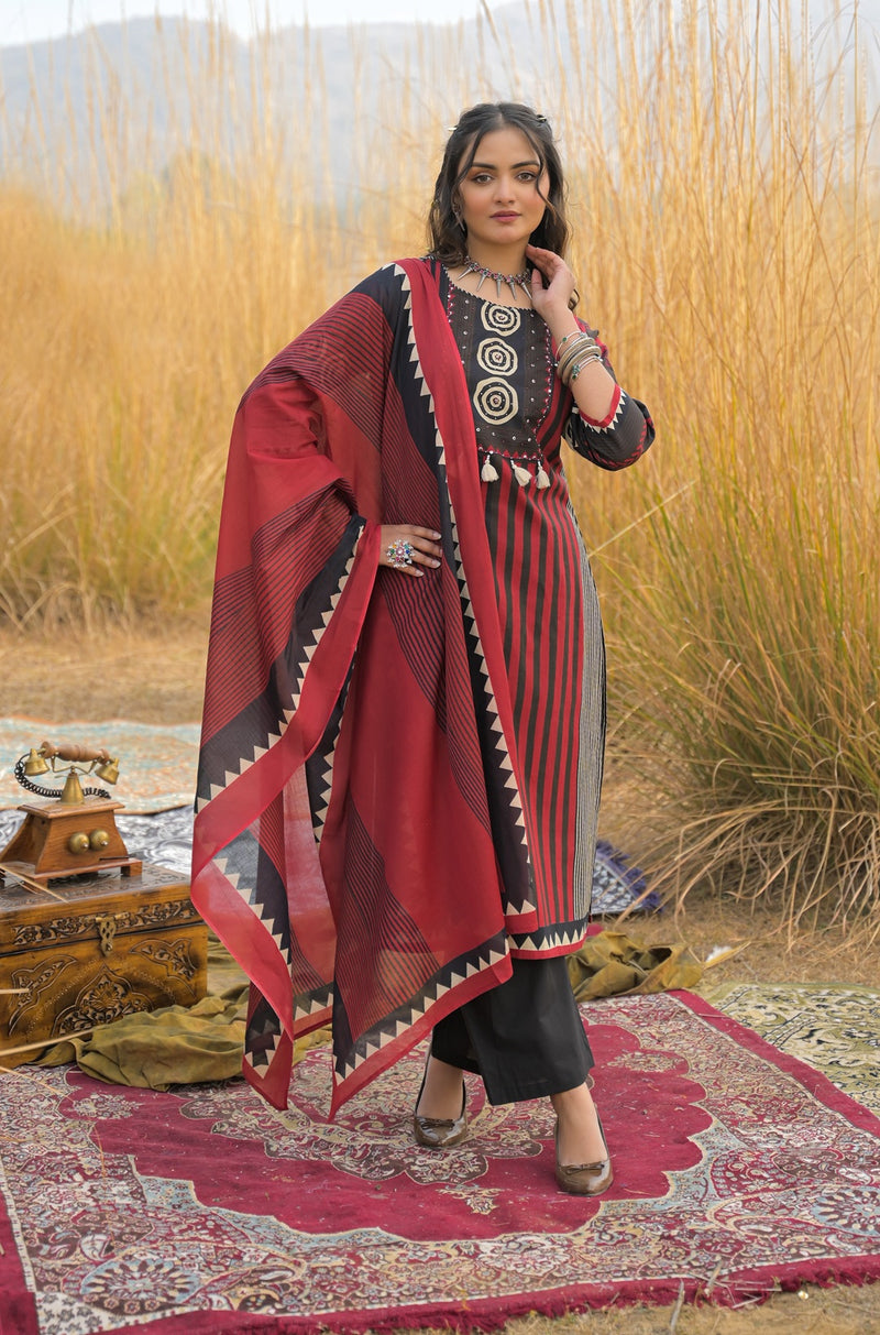 Stylum Women's Maroon Striped Printed Cotton Straight Kurta Pant Dupatta Set (KPDMAROONULTRA)
