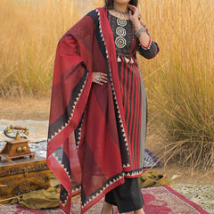 Stylum Women's Maroon Striped Printed Cotton Straight Kurta Pant Dupatta Set (KPDMAROONULTRA)