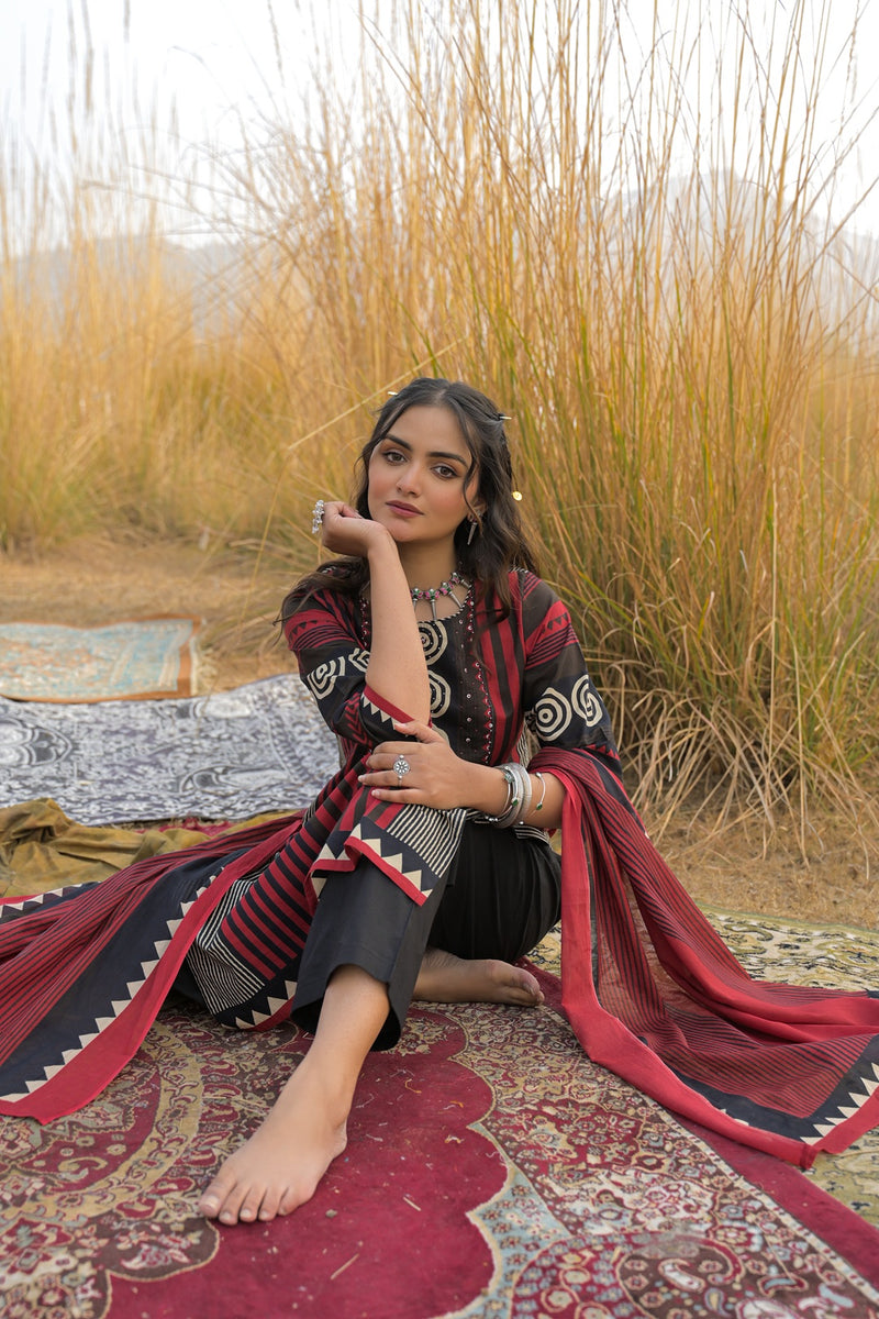 Stylum Women's Maroon Striped Printed Cotton Straight Kurta Pant Dupatta Set (KPDMAROONULTRA)