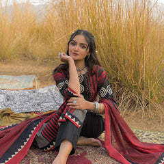 Stylum Women's Maroon Striped Printed Cotton Straight Kurta Pant Dupatta Set (KPDMAROONULTRA)