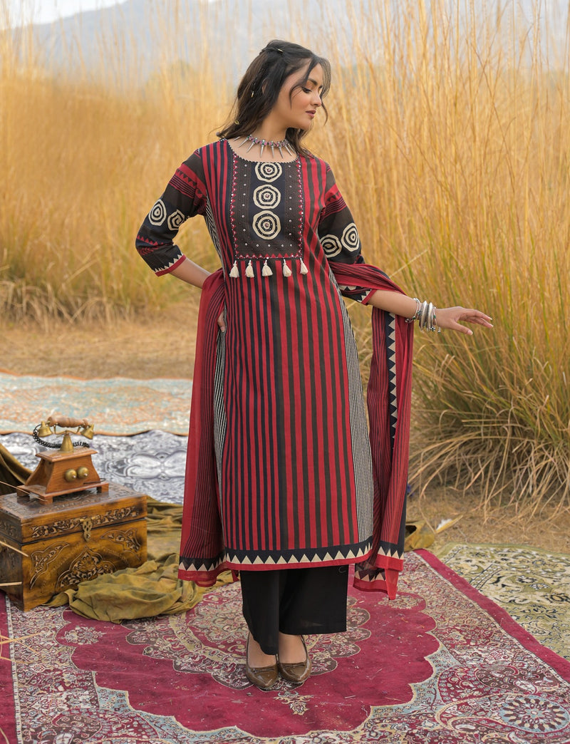 Stylum Women's Maroon Striped Printed Cotton Straight Kurta Pant Dupatta Set (KPDMAROONULTRA)