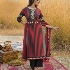 Stylum Women's Maroon Striped Printed Cotton Straight Kurta Pant Dupatta Set (KPDMAROONULTRA)